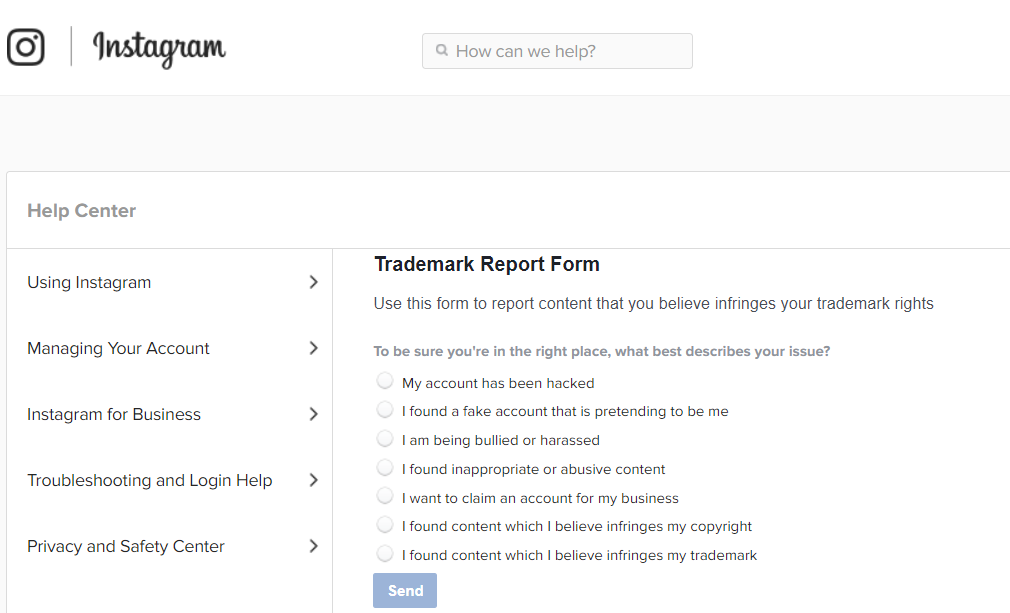 Instagram's trademark report form